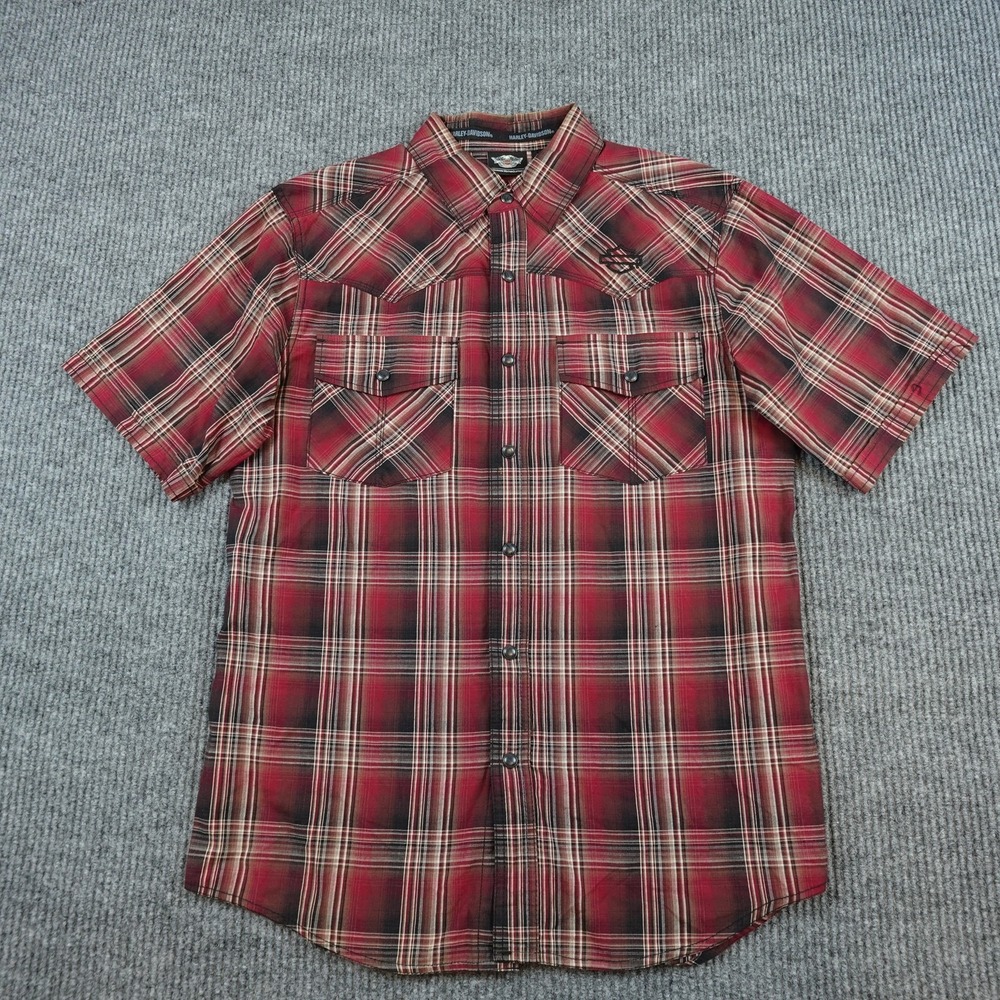 Harley-Davidson Shirt Mens Medium Red Plaid Short Sleeve Western Snap Front